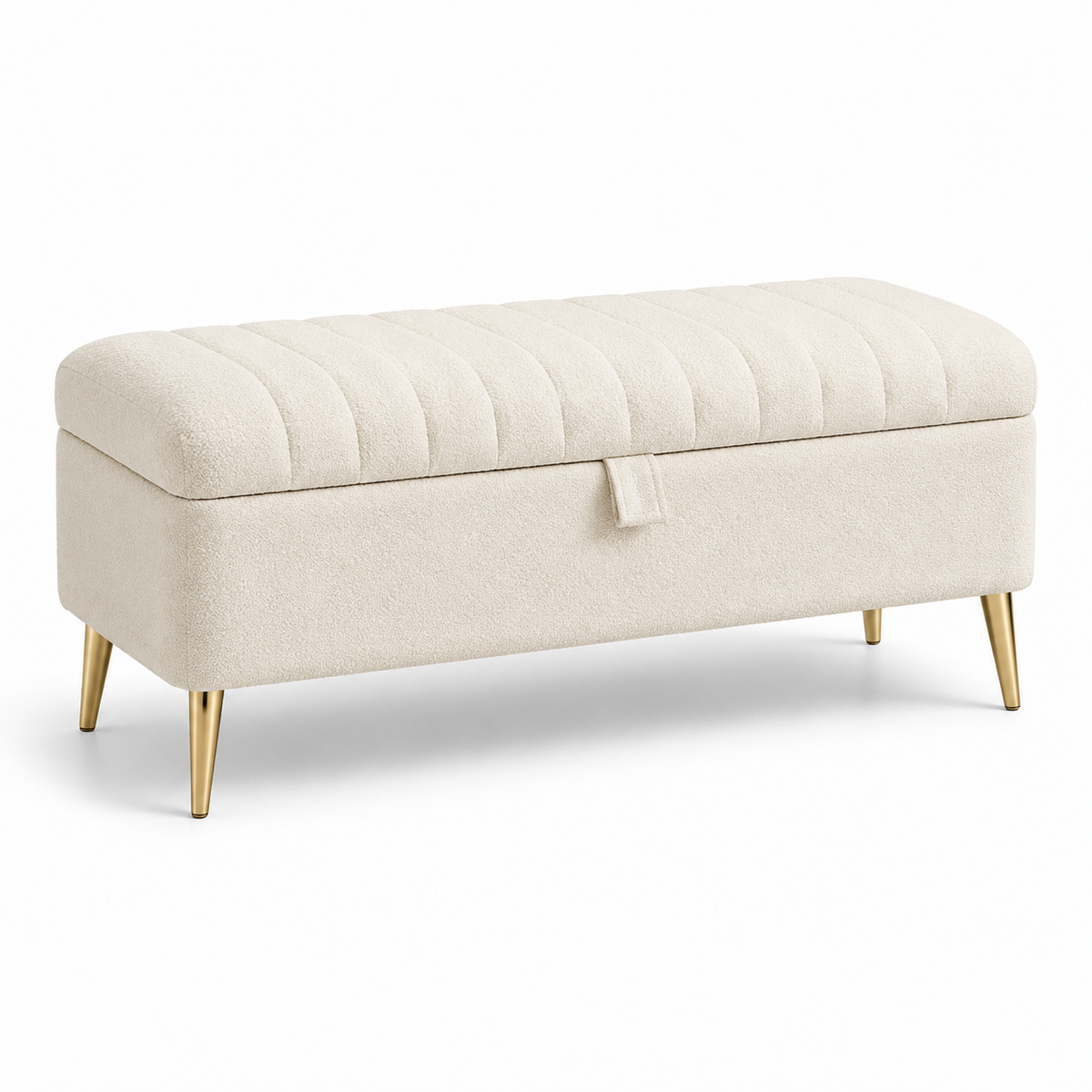 Gepolsterte Sitzbank mit Stauraum, 110 × 40 × 45 cm, Bouclé-Optik in Cremeweiß mit goldfarbenen Metallbeinen