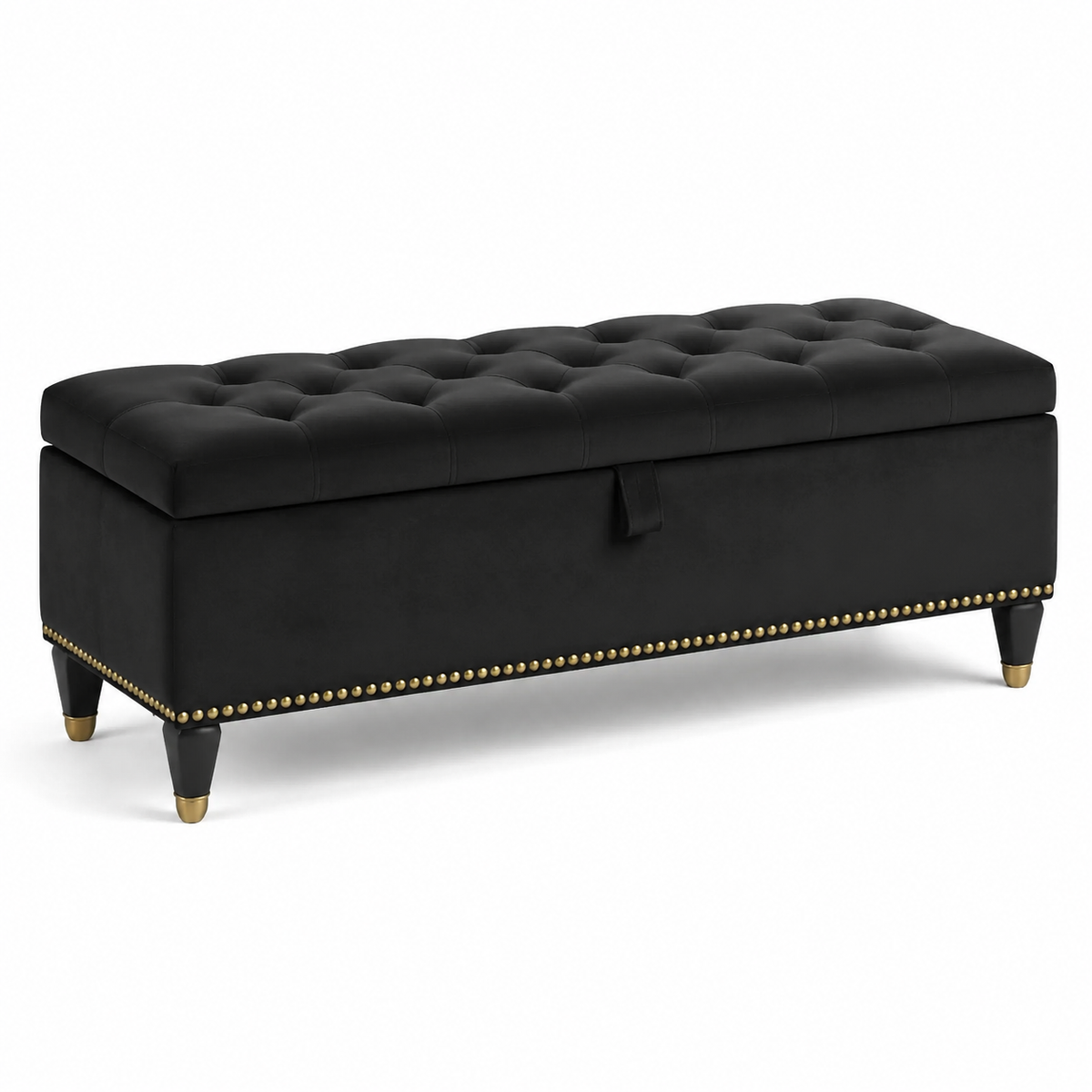 Sitzbank mit Stauraum und Knopfheftung, 120 × 45 × 45 cm, Samtbezug in Schwarz mit goldfarbenen Details
