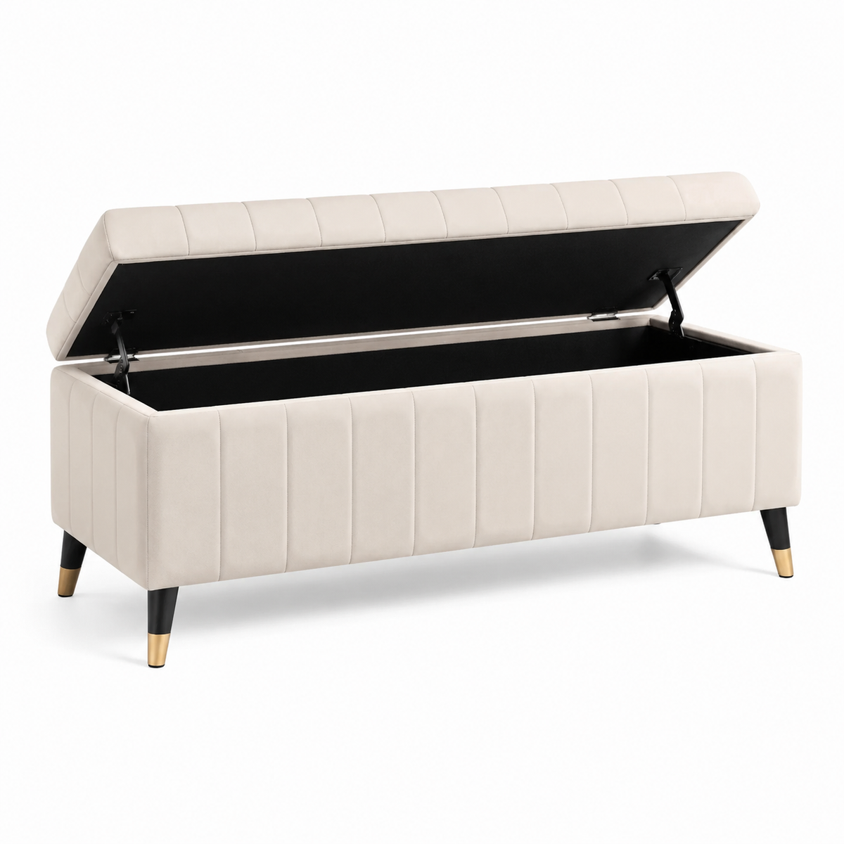 Gepolsterte Sitzbank mit Stauraum, 110 × 40 × 45 cm, Beige mit schwarzen Beinen und goldfarbenen Details