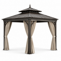 Gartenpavillon aus Metall in Braun und Taupe, 300 × 300 × 280 cm, mit Hardtop-Dach und Vorhängen