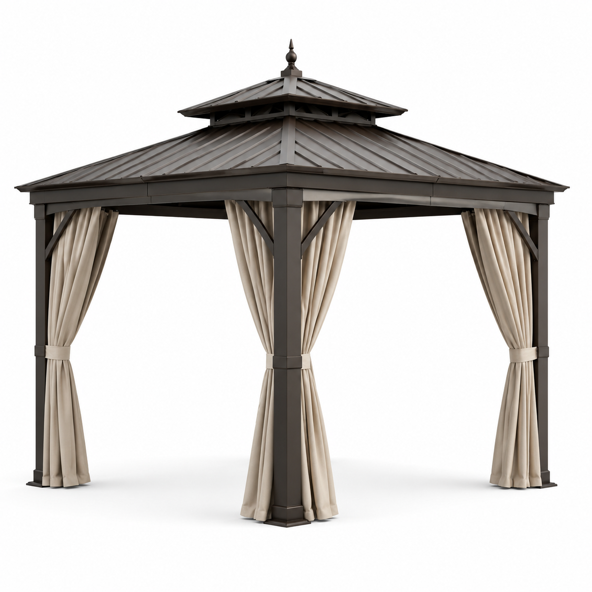 Gartenpavillon aus Metall in Braun und Taupe, 300 × 300 × 280 cm, mit Hardtop-Dach und Vorhängen