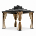 Gartenpavillon mit Festdach und Vorhängen, 300 × 300 × 290 cm, Braun/Schwarz/Beige