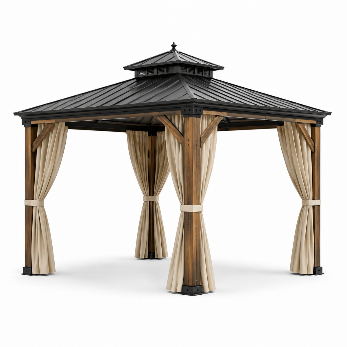 Gartenpavillon mit Festdach und Vorhängen, 300 × 300 × 290 cm, Braun/Schwarz/Beige