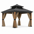 Gartenpavillon 400 × 300 × 310 cm aus Holz und Metall in Anthrazit, Braun und Beige mit Vorhängen und Doppeldach