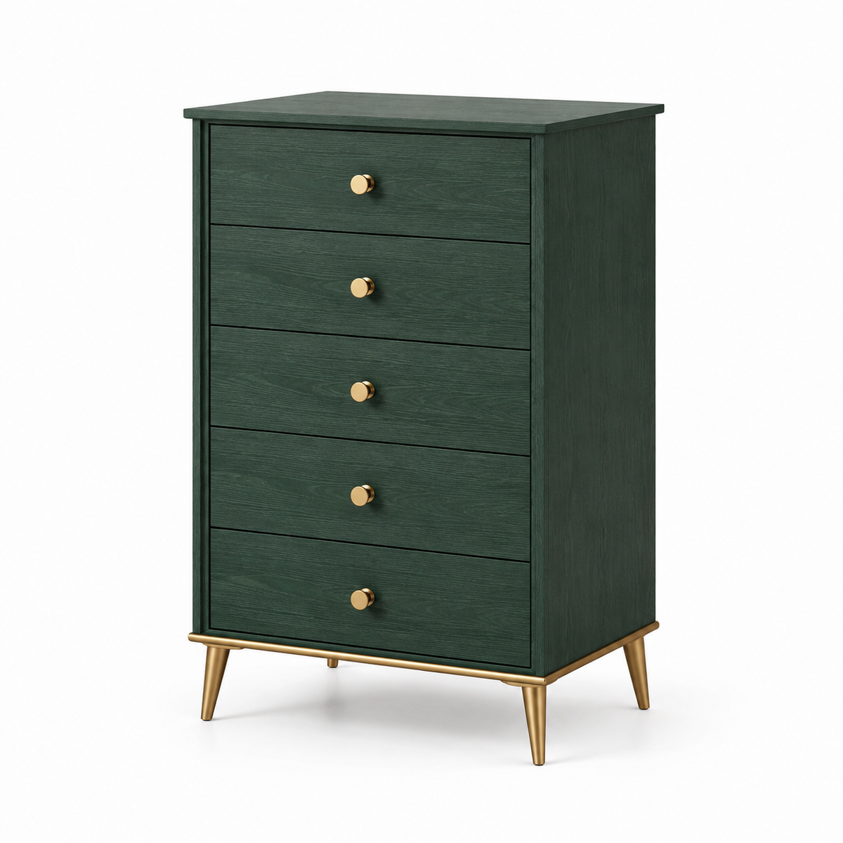 Hohe Kommode mit 5 Schubladen, Dunkelgrün/Gold, 80 × 40 × 120 cm
