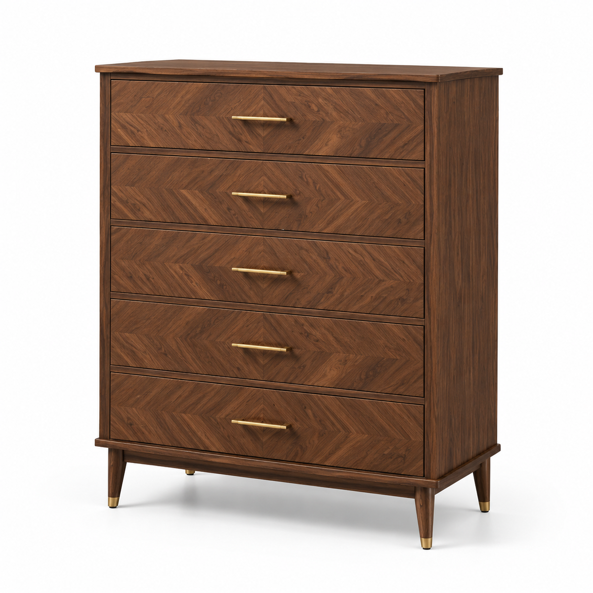Hohe Kommode mit 5 Schubladen, Holzwerkstoff und Metall, Walnussbraun/Gold, 90 × 45 × 120 cm, Mid-Century-Stil