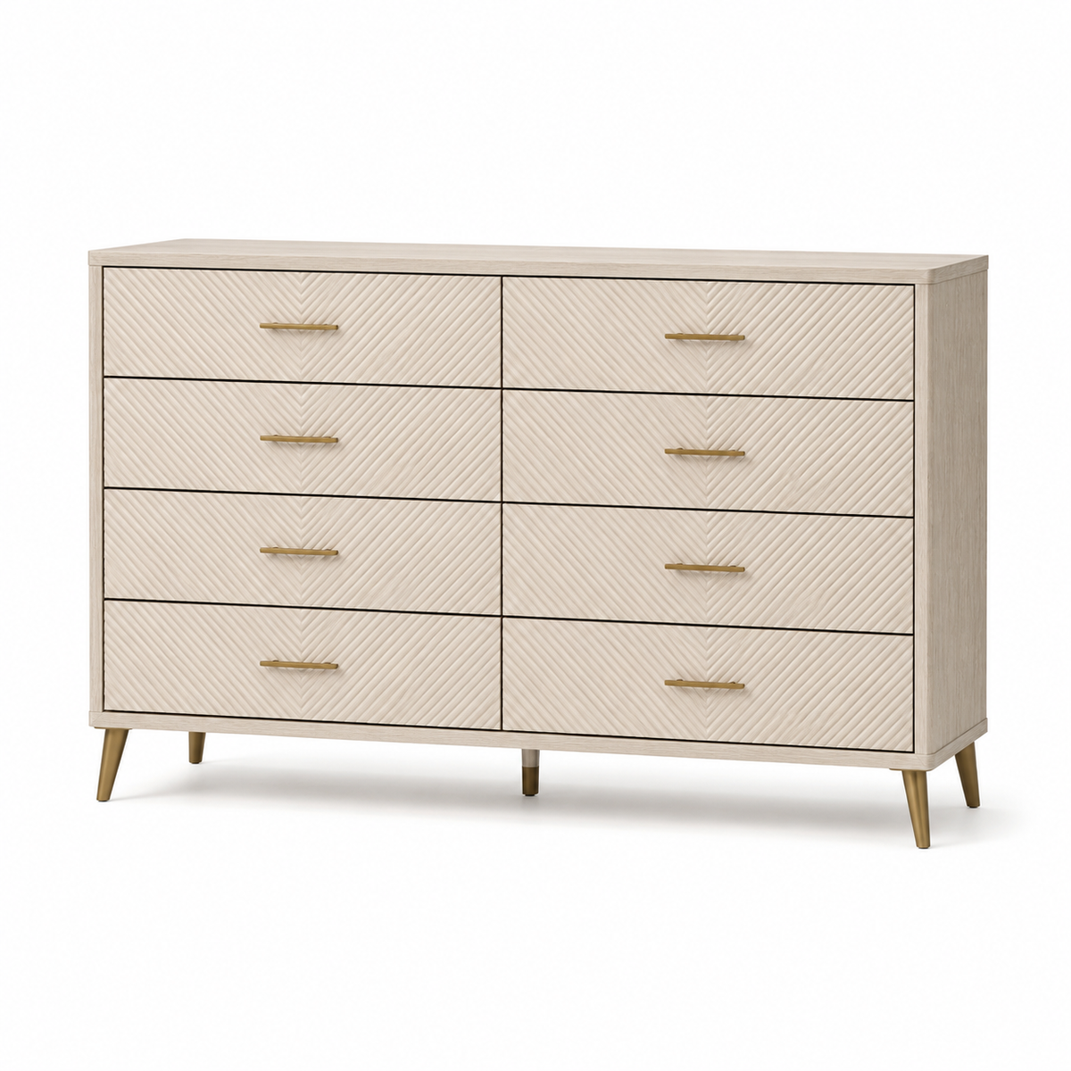 Kommode in Beige und Gold mit 8 Schubladen und Reliefstruktur, 140 × 40 × 80 cm
