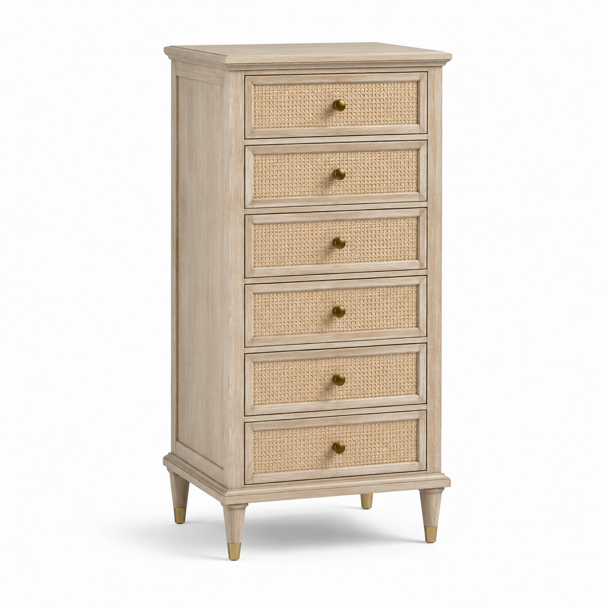 Hohe Kommode mit 6 Schubladen, Holz und Rattan, Naturbeige/Messingfarben, 60 × 40 × 120 cm, Landhausstil