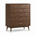 Kommode mit 5 Schubladen und geometrischen Fronten, 85 × 40 × 115 cm, Dunkelbraun/Gold, Retro-Stil