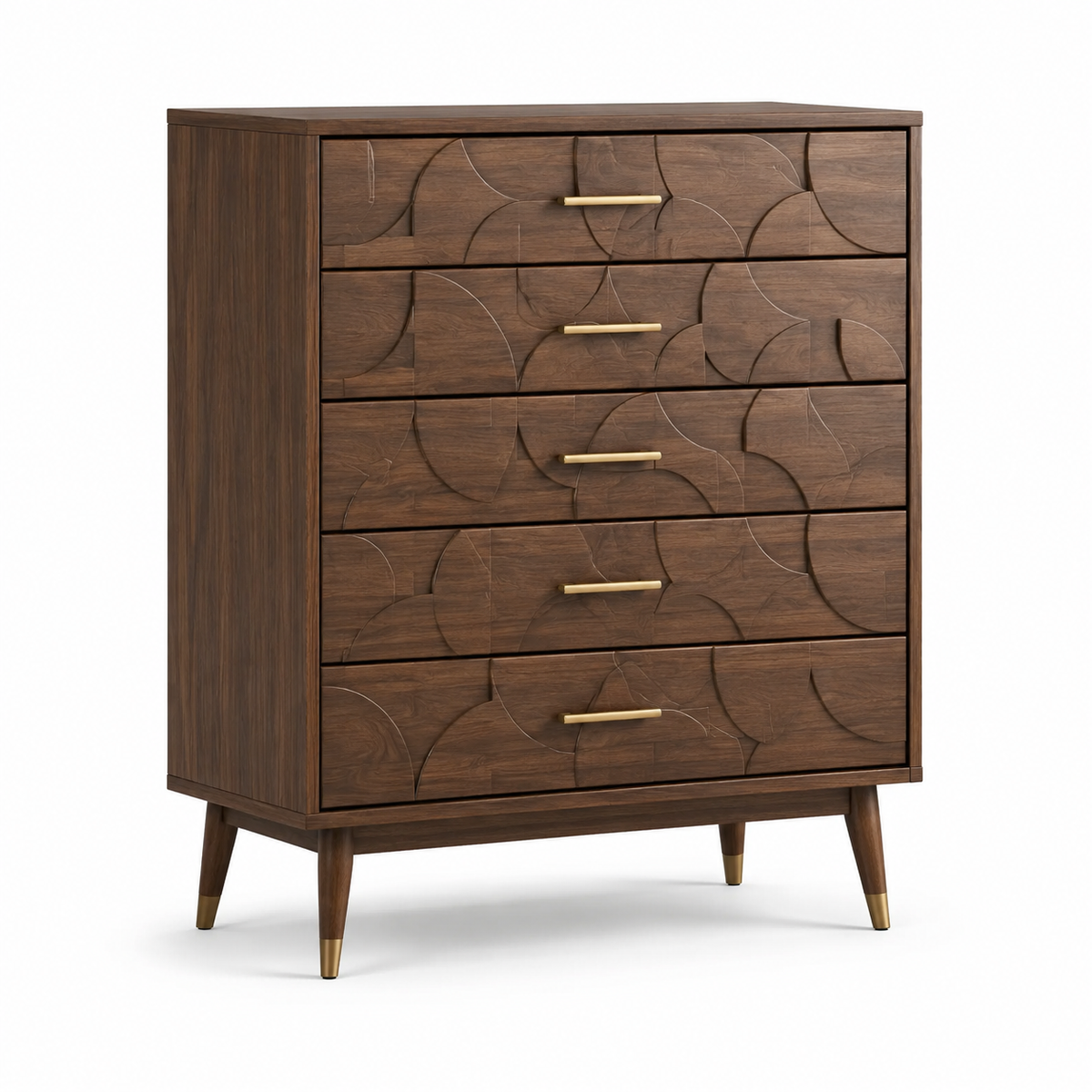 Kommode mit 5 Schubladen und geometrischen Fronten, 85 × 40 × 115 cm, Dunkelbraun/Gold, Retro-Stil