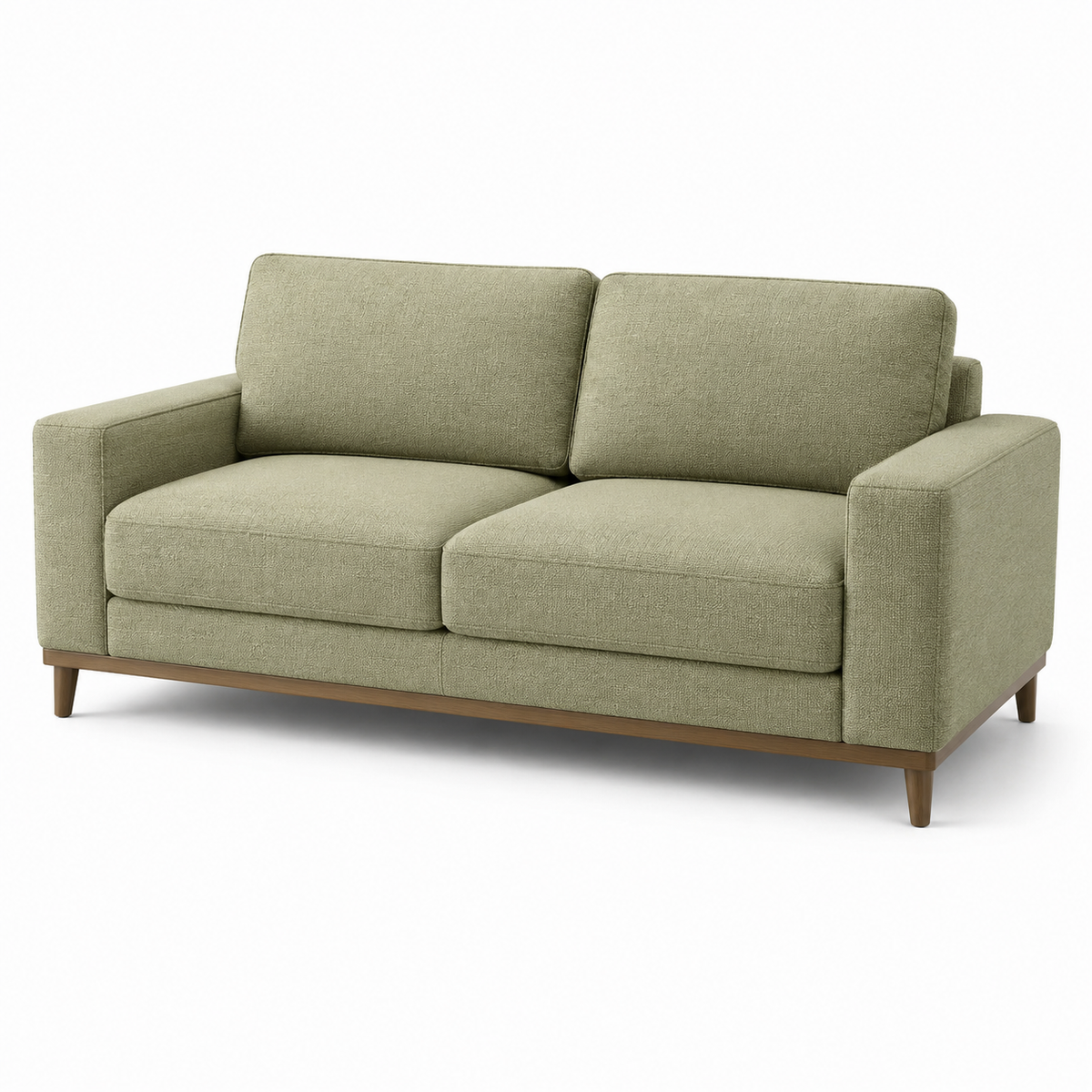 2-Sitzer-Sofa aus salbeigrünem Strukturstoff mit braunem Holzgestell, – Roomfetra