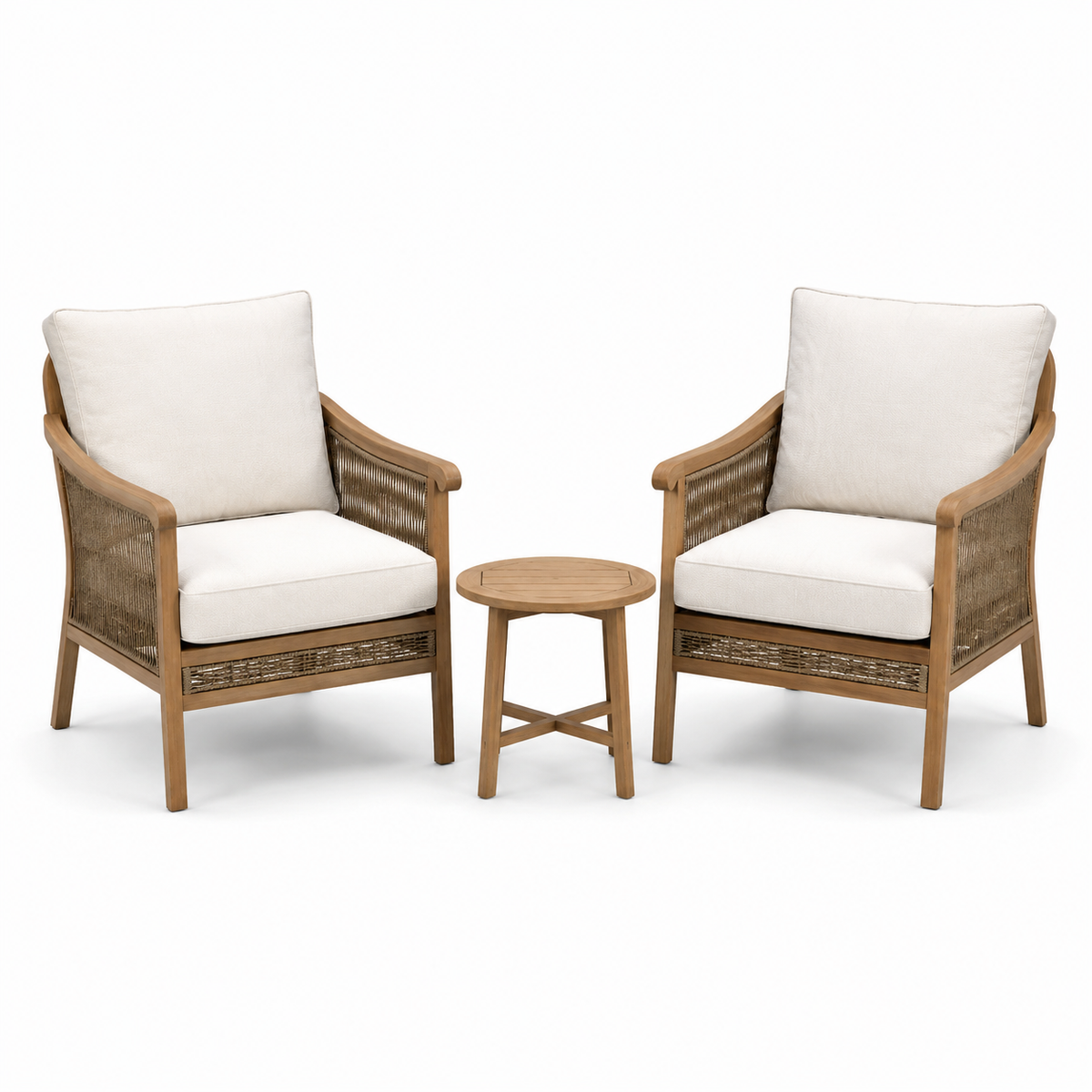 3-teiliges Gartenmöbel-Set Naturbraun/Cremeweiß, 2 Sessel 75 × 78 × 88 cm, Tisch Ø 45 × 48 cm