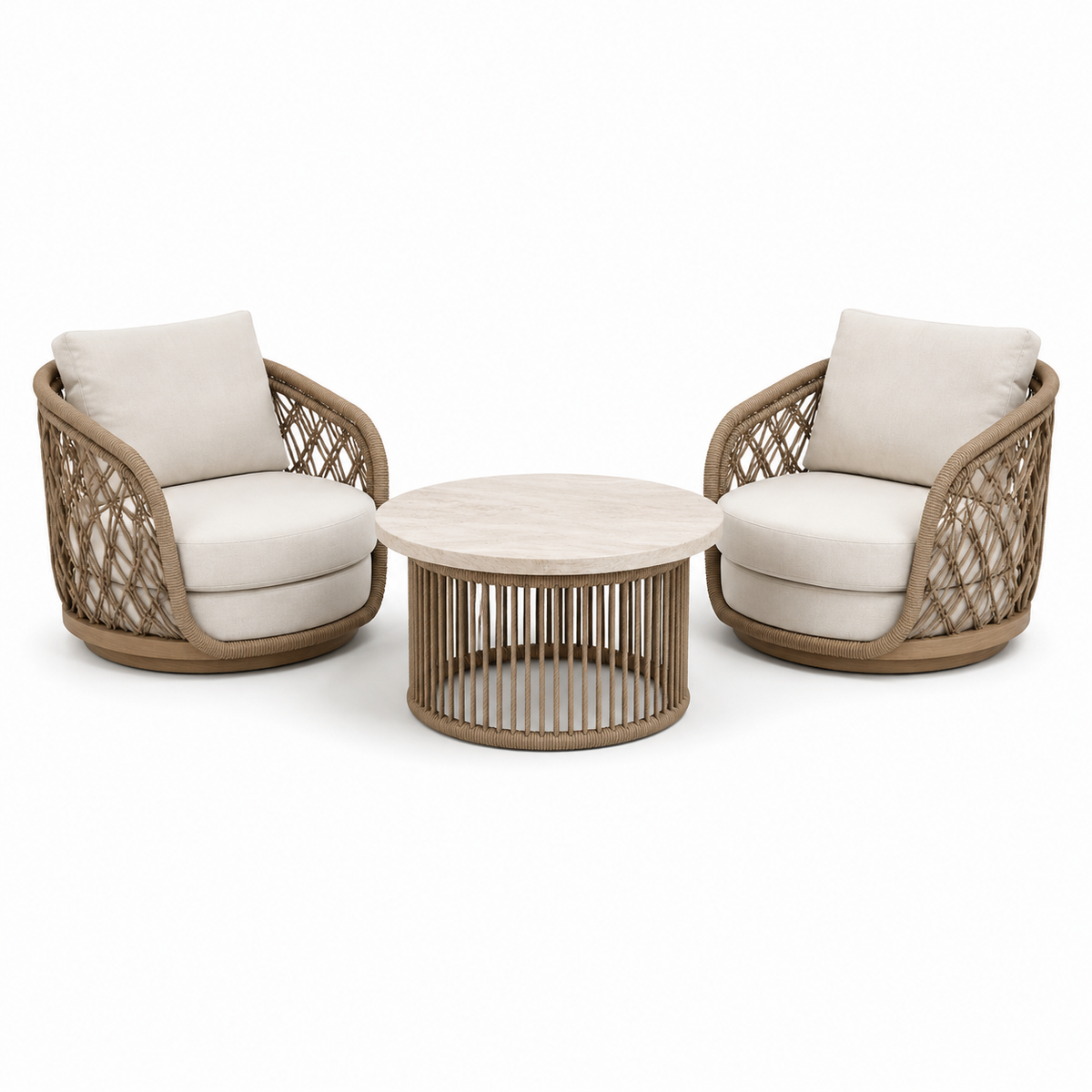 3-teilige Garten-Sitzgruppe mit 2 Loungesesseln und rundem Couchtisch, Sessel 90 × 85 × 78 cm, Tisch Ø 80 × 45 cm, Beige/Natur/Creme