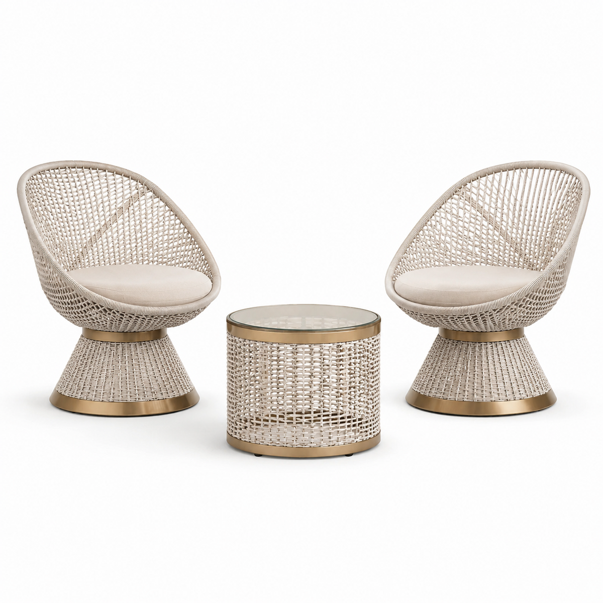 3-teiliges Gartenmöbel-Set in Beige und Gold mit 2 Sesseln 72 × 74 × 83 cm und Tisch Ø 50 × 48 cm