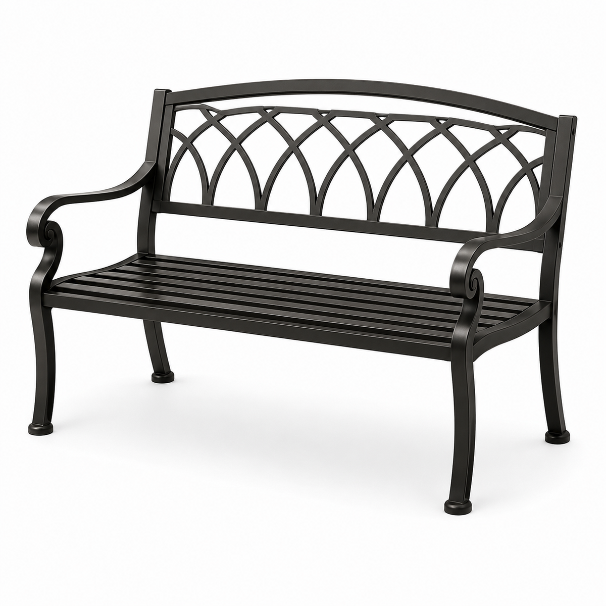 Schwarze Metall-Gartenbank für 2 Personen mit Armlehnen, 127 × 60 × 85 cm