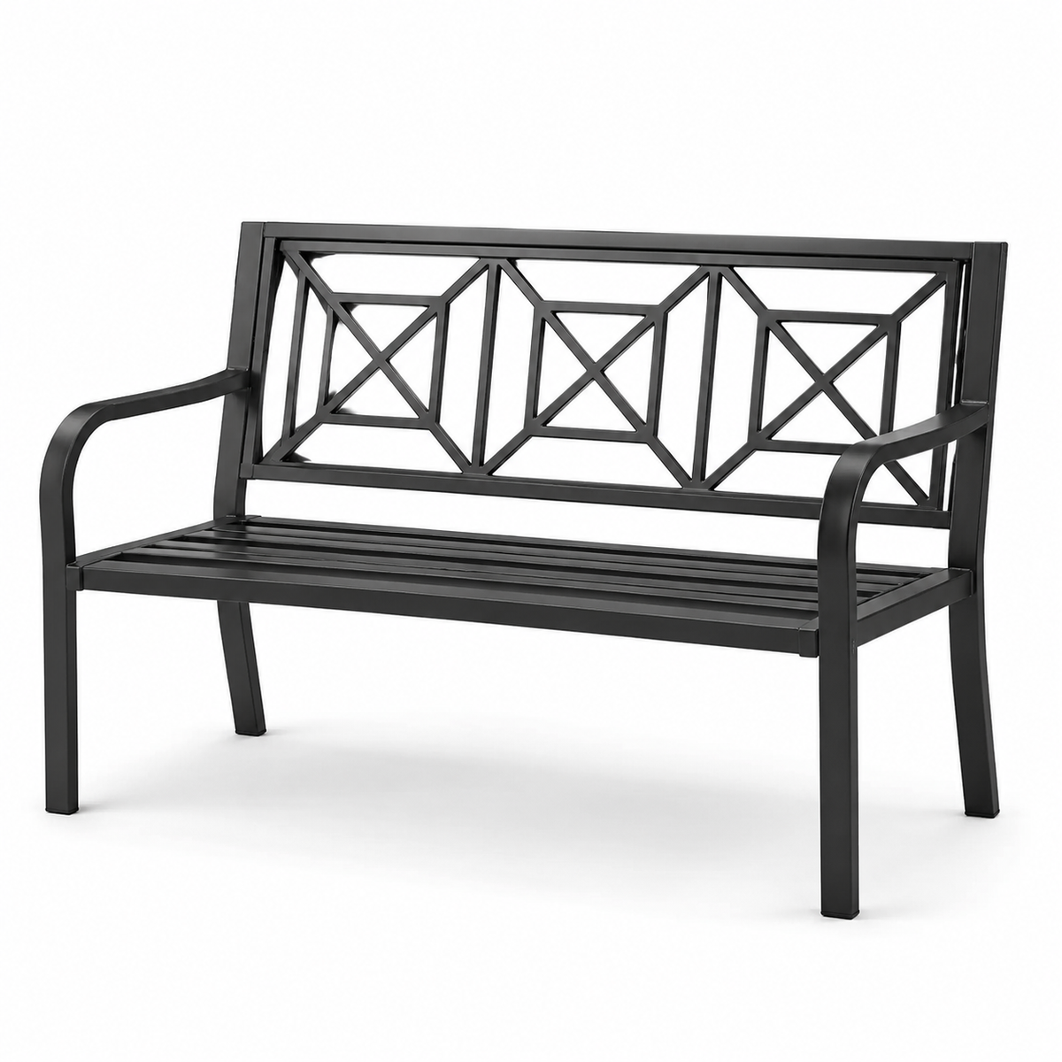 Schwarze Metall-Gartenbank mit Armlehnen und geometrischer Rückenlehne, 127 × 60 × 85 cm