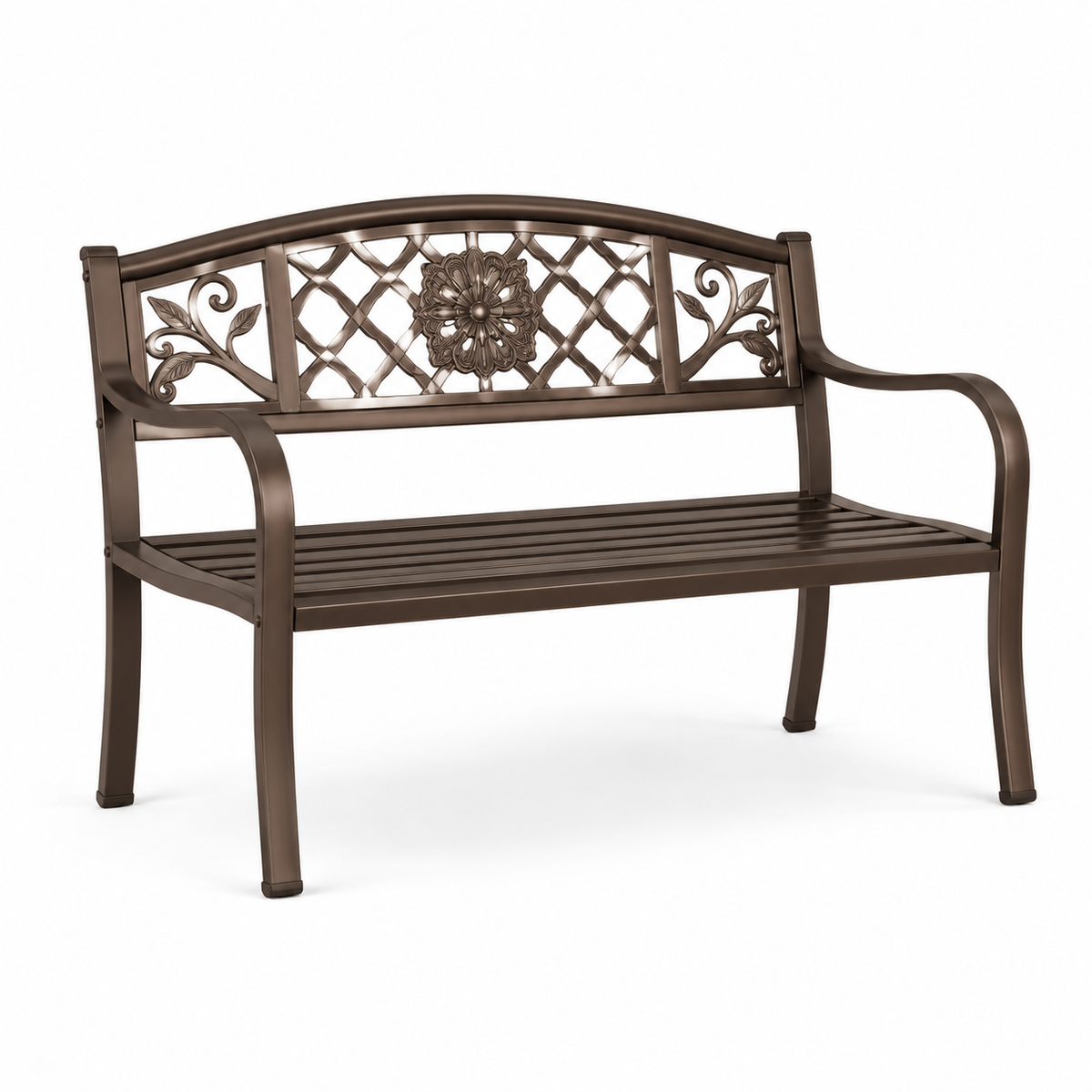 Klassische Gartenbank aus Metall mit floralen Ornamenten, Bronze, 127 × 60 × 88 cm