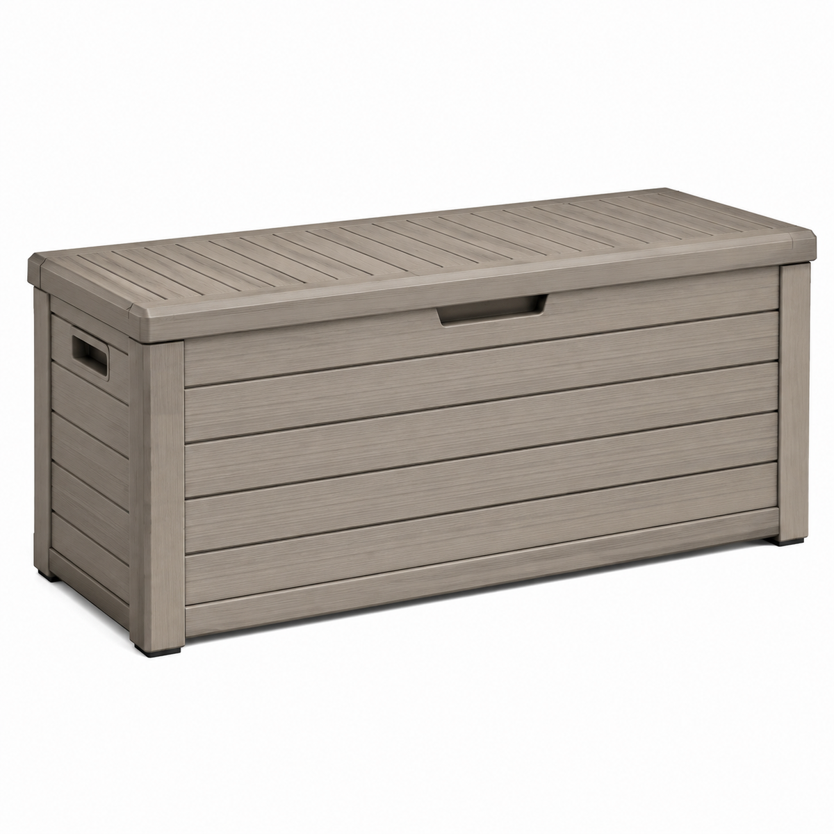 Garten-Aufbewahrungsbox aus Kunststoff in Taupe, 120 × 54 × 57 cm, Holzoptik mit Klappdeckel