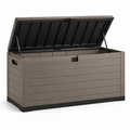 Auflagenbox in Holzoptik, 120 × 55 × 60 cm, Taupe/Schwarz, mit Klappdeckel und Griffmulden
