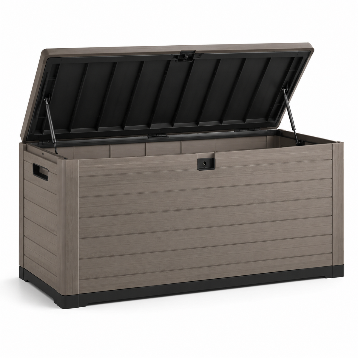 Auflagenbox in Holzoptik, 120 × 55 × 60 cm, Taupe/Schwarz, mit Klappdeckel und Griffmulden