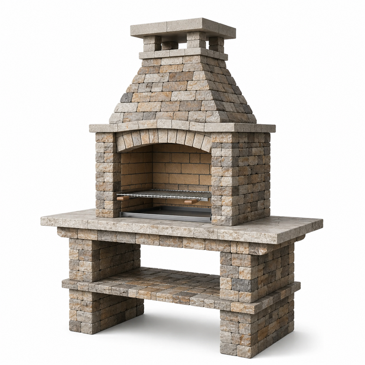 Grillkamin aus Stein mit Grillrost und Ablage, Beige/Grau/Braun, 140 × 70 × 220 cm
