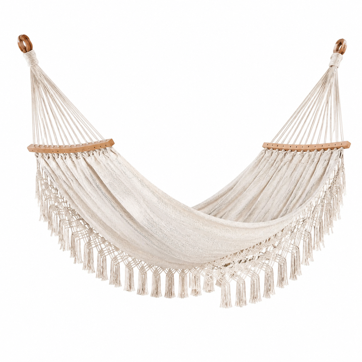 Baumoll-Hängematte mit Holzspreizstäben, 200 × 150 cm, Cremeweiß/Braun, Boho-Stil