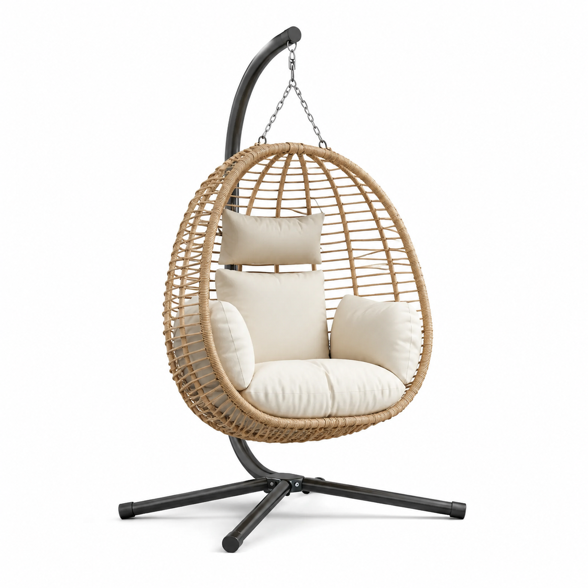 Freistehender Hängesessel im Ei-Design, 105 × 105 × 195 cm, Natur/Creme/Schwarz
